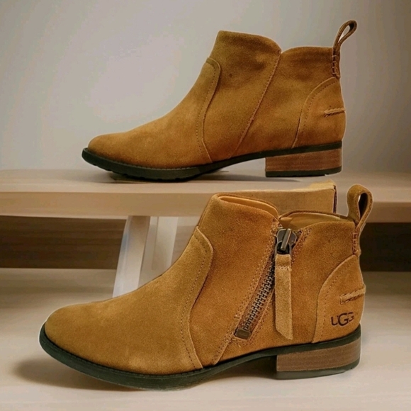 UGG Shoes - UGG Women's Aureo Tan Suede Zip Ankle Booties New Size 6
